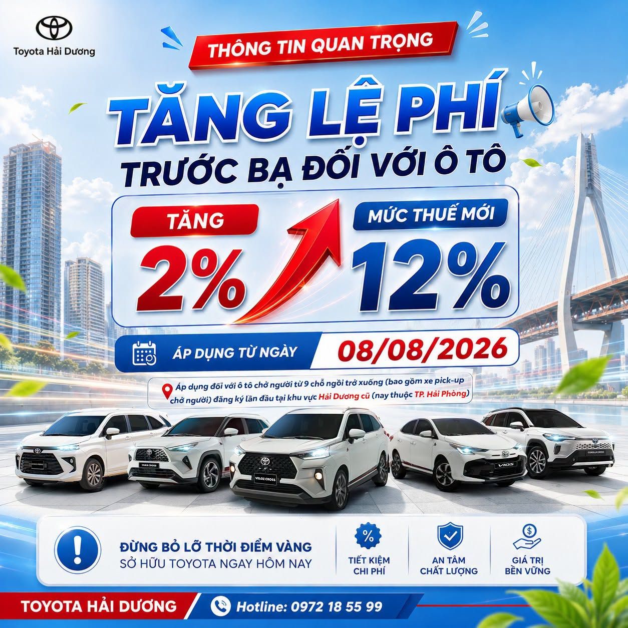 CHÍNH THỨC: LỆ PHÍ TRƯỚC BẠ Ô TÔ TĂNG LÊN 12%